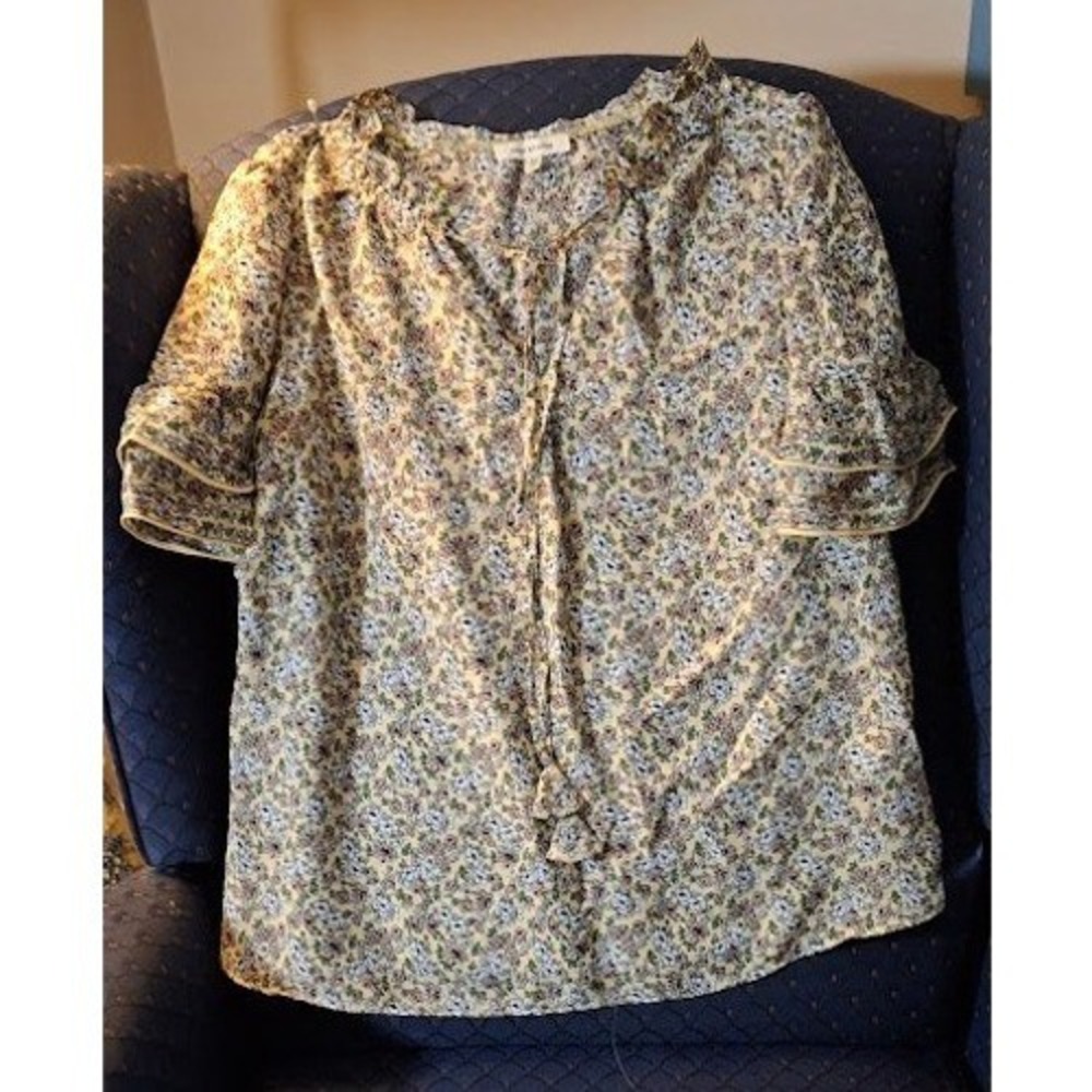 Max Studio Womens Yellow Floral Ruffle Neck Tie Front Flutter Sleeve Blouse M